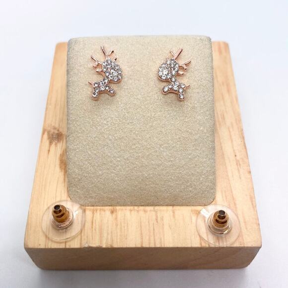 Rose Gold Plated Rhinestone Reindeer Earring Pair - Picture 2 of 8